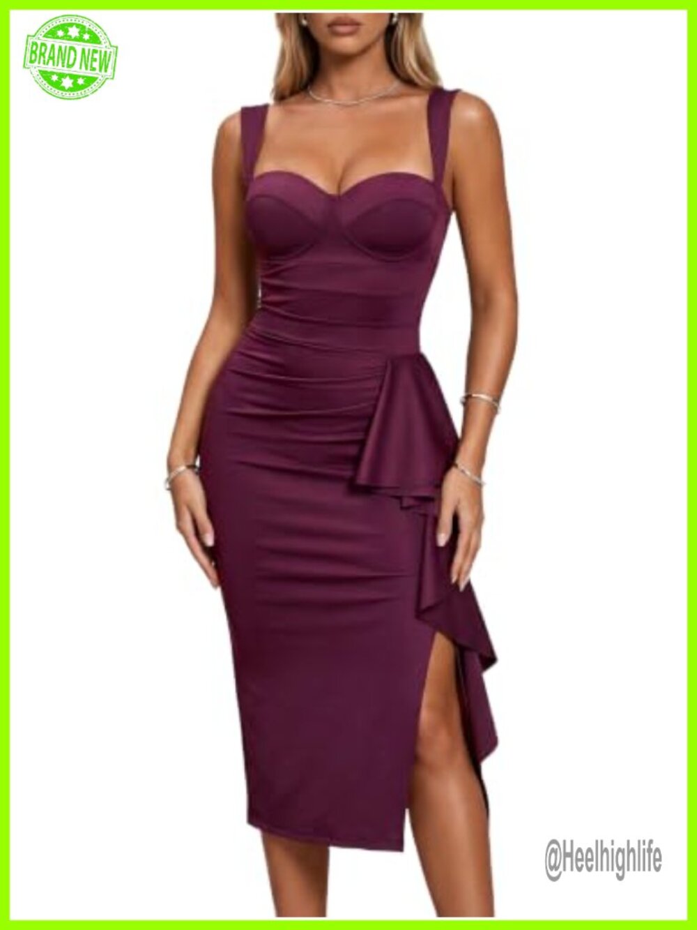 Ruched Bodycon Built-in Bra Cocktail Midi Dress